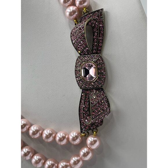 Heidi Daus "Beaux Arts" Pink Pave Crystal Bow Pearl Beaded Two Strand Necklace - Picture 5 of 15